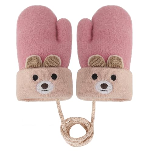 Toddler Baby Knitted Winter Gloves Cable Mittens Cute Cartoon Bear Kids Boys Girls Thermal Thick Fleece Lined Gloves Wool Warm Knit Snow Ski Cold Weather Gloves Children with String Age 0-3Y