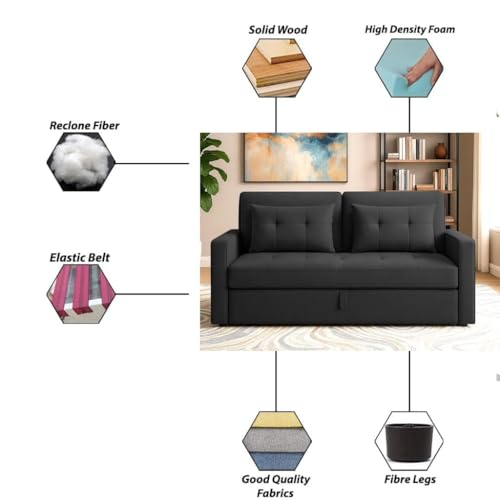 Image of Emilio 2-Seater Sofa Cum Bed for Living Room, Office & Home | Premium Fabric Pull-Out Sofa Set with 1 Year Warranty | Space Saving Convertible Sleeper Sofa for Guests & Daily Use | Black