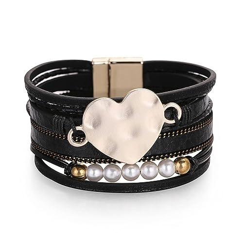 Long tiantian Bracelet en cuir moderne en forme de cœur - 6 couches - Style bohème avec fermoir - Bracelet en cuir avec strass - Fait main - Pour femme,...
