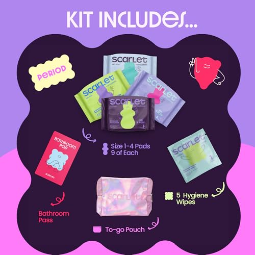 Image of Scarlet 47 Piece Tween Period Kit | First Period Kit for Girls 9-12 | Includes 36 Pads - Light, Moderate, Heavy and Maximum Protection Pads with Wings, 5 Wipes, 3 Heat Patches, Pouch, Pouch and More