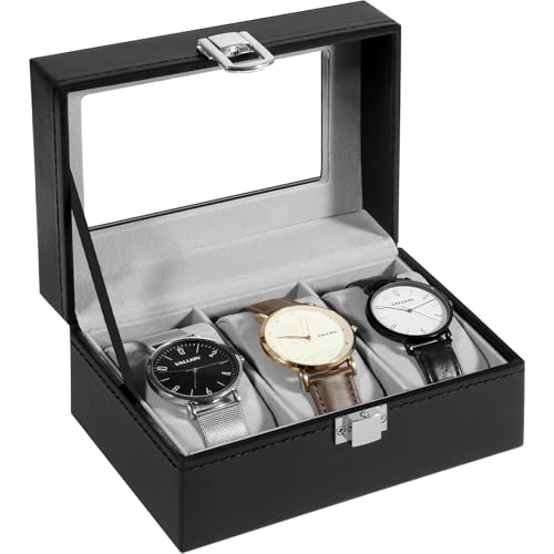 Uten Watch Box 3 Slots, Watch Case with Glass Lid, Metal Clasp, Watch Display Storage Box for Men and Women, Black Synthetic Leather, Grey Velvet Lining, Removable Pillows, Gift Idea