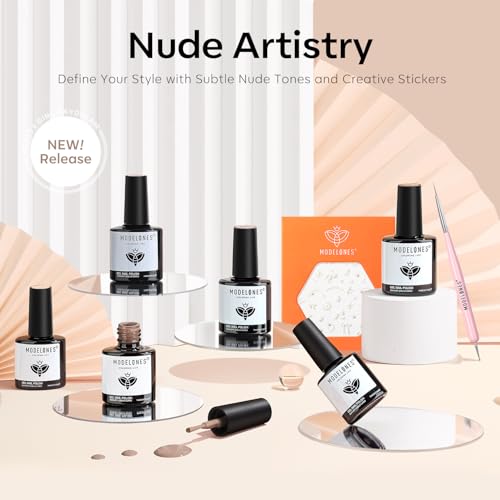 Image of modelones Gel Nail Polish, 6 Colors Milky White Nude Beige Jelly Shimmer Gel Polish Set with Stickers & Liner Brush for DIY French Nails Polka Dot Nails Soak Off Nail Art Kit Manicure Salon