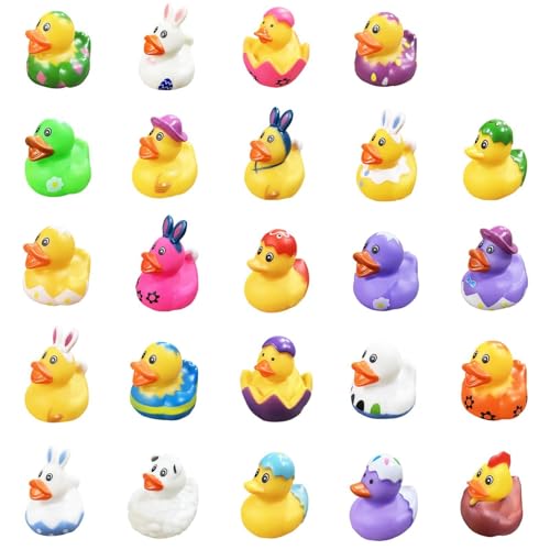 24Pcs Easter Ducks,Mini Rubber Ducks for Kids,2 Inch Bunny Duckies Bath Toys for Easter Party Favors Supplies Decoration,Classroom Exchange Prizes Gifts