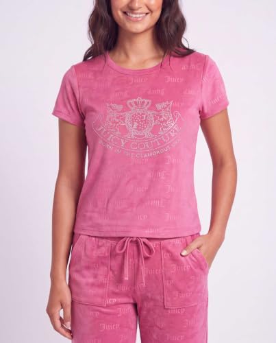 Image of Juicy Couture Women's 2 Piece Velvet Fleece Short Sleeve Shirt and Pants Lounge Sleepwear Set
