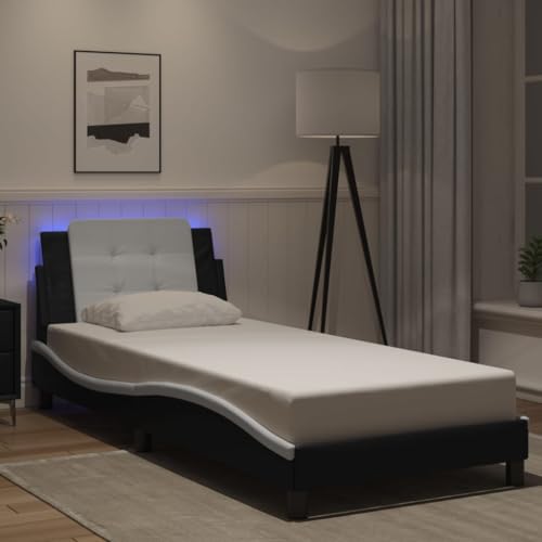PUGYNBK Zadar Cadre de lit LED noir et blanc 100 x 200 cm avec tête de lit et cuir synthétique, design ondulé et bande LED colorée, sans matelas, port USB,...