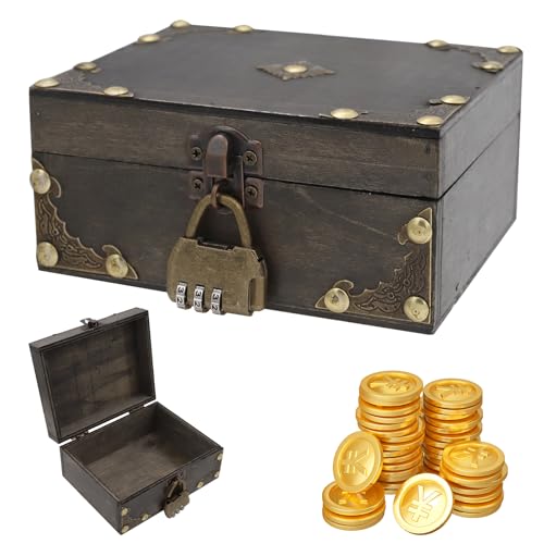 Vintage Mini Coffre Tresor Boite Bois Avec Serrure à Combinaison, Petit Coffre Au Trésor Vintage Pirate, Boite Avec Cadenas, Boîte à Bijoux, CAu Trésor...
