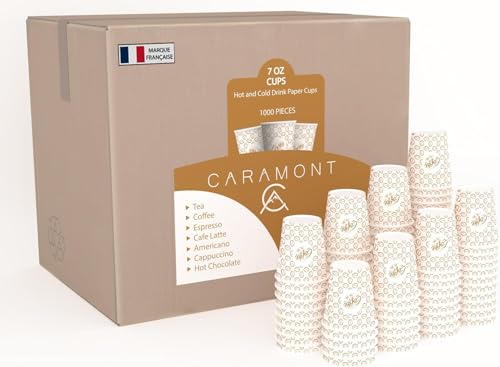 Caramont,7 Oz 1000 Gobelets en Carton,Jetables,Résistant à la Chaleur,pour la Boisson Froide et Chaude en Carton de Qualité,Ideal pour Café,Thé,Anniversaire,etc...