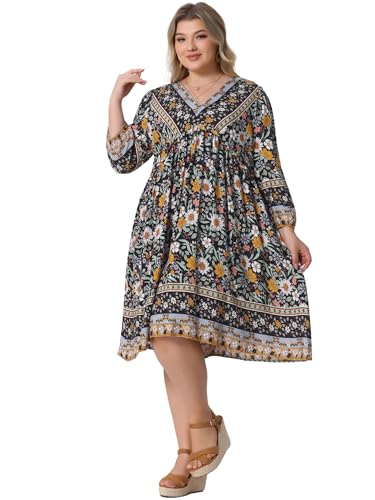 Image of Agnes Orinda Plus Size Summer Dress for Women Casual Boho Floral V Neck 3 /4 Sleeve Midi Short Beach Dress