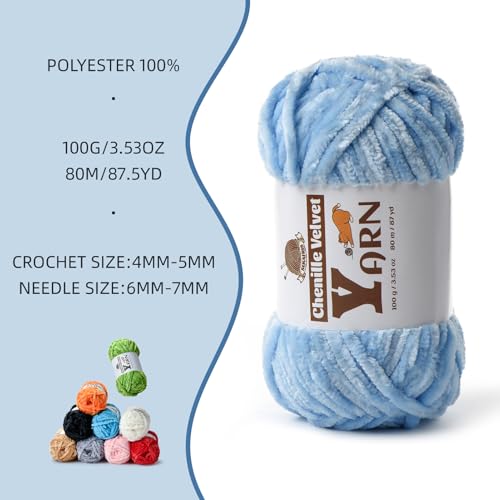 Image of 2 Pack Plush Chenille Chunky Yarn - Fluffy Velvet Yarns Crochet for Blanket Knitting and Crocheting - Soft Baby Yarn for Crocheting - Amigurumi Crochet Yarns 100g (87yds) (2 Azure)