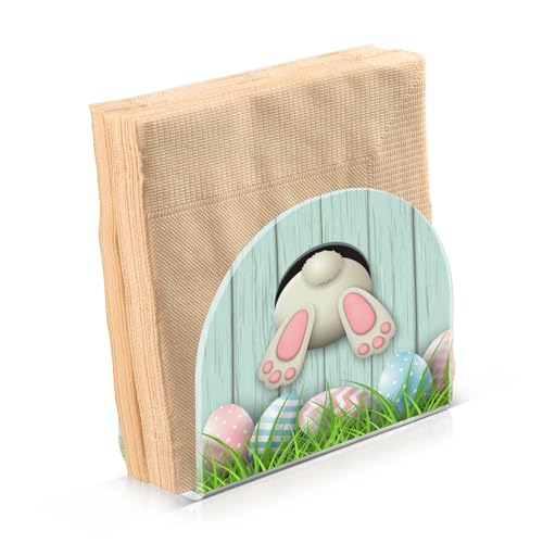 Easter Bunny White Rabbit Eggs on Green Wooden Napkin Holder, Acrylic Napkin Holders for Table Cocktail Napkins Dispenser Paper Stand for Kitchen Dining Restaurant Home Bar
