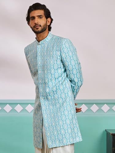 Image of VASTRAMAY Men's Blue Silk Blend Regular Fit Sherwani Only Top VASMIW252BU 44