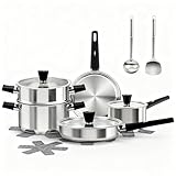 ASKSCICI Stainless Steel Cookware Set, 14-Piece Pots and Pans Set, Kitchen Cookware Set with Stay-Cool Handle, Non-Toxic, Dishwasher Safe & Compatible with All Stovetops (Gas, Electric & Induction)