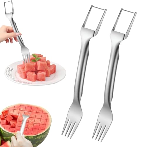 SagTuol Coupe Pastèque, 2 en 1 Coupe Melon en acier inoxydable Fourchette à Fruits, Outil de Coupe de Fourche de melon d'eau, idéal pour une utilisation à...
