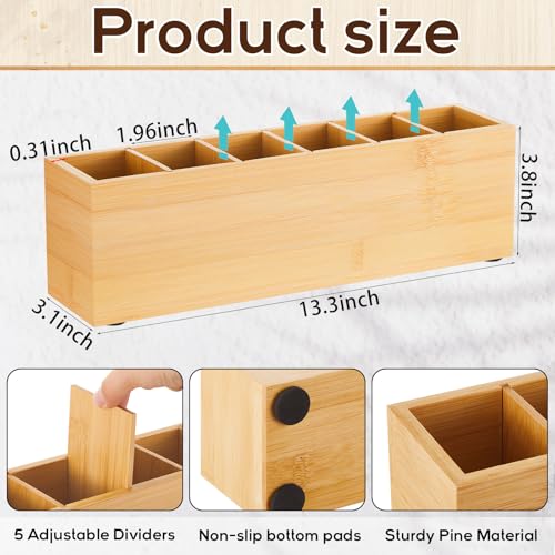 Image of Jetec Wooden Pencil Pen Holder for Desk 6 Compartments Cosmetic Makeup Brush Stationery Office Desktop Organizers for Countertop Adjustable Silverware Caddy for Party, Art Supplies,Home(Bamboo)