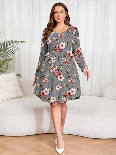 Image of AusLook Women's Plus Size Long Sleeve Midi Dress Casual Empire Waist Loose Flowy Dresses A-Line Boho Long Dress with Pockets