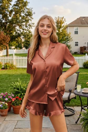 Image of HOTOUCH Womens Satin Pajamas Set Button Down 2 Piece Ruffle Shorts Set | Cute Short Sets, 2 Piece Pjs, Soft Silk Stain, Ruffle Shorts, Lightweight Sleepwear