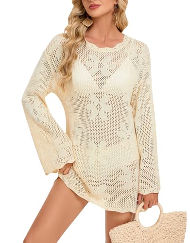 Women’s Crochet Cover Up Summer Long Sleeve Knit Bathing Suit Mesh Tops - image 1
