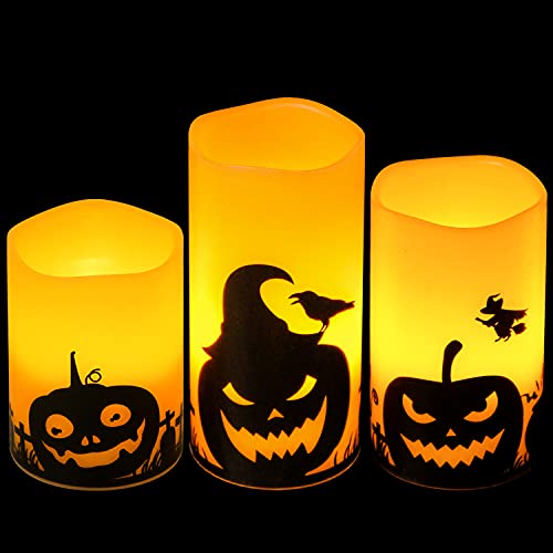 Eldnacele Halloween Flameless Candles, LED Flickering Battery Pillar Candles with 6H Timer and Pumpkin Decals, Spooky Fall Halloween Festival Party Decoration Set of 3 (D 3” x H 4” 5” 6”)