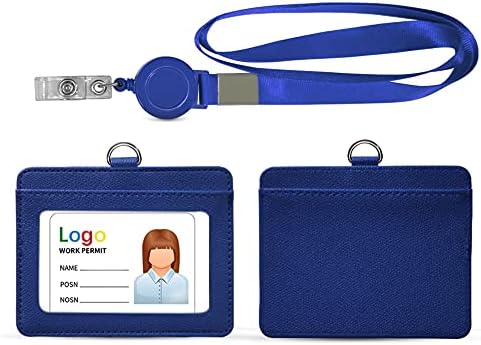 HYCOPROT ID Badge Holder 2-Sided Pu Leather with 1 Id Window and 1 Card Slot and 1 Piece 34.8 Inch Detachable Neck Lanyard id Card Holder for Office School Business Travel Student (Black, Vertical)
