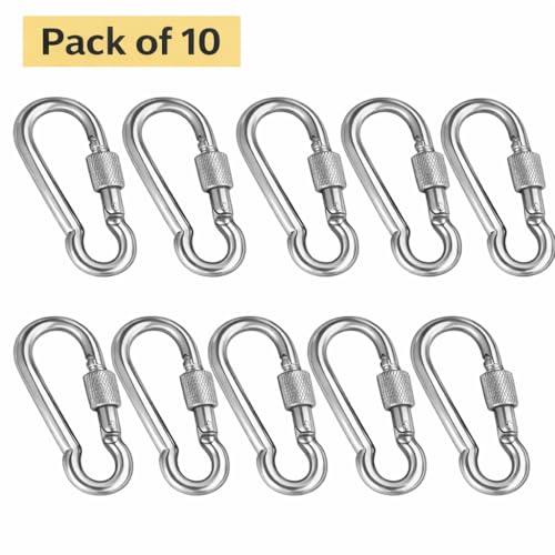 Image of Heavy Duty GI Carabiner Hook Screw Lock Carabiner Hook | Multipurpose Utility Clips for Keys, Bags, Bottles & Daily Use, Pack of 10 for Camping, Climbing, Hammock, Dog Leash, Swing (10)