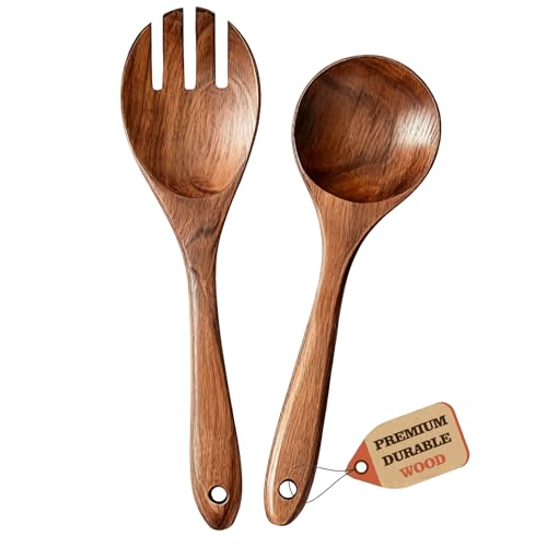 Set de 2 Pièces Ustensiles à Salade en Bois, Couverts pour Salade et Fruits, Naturel, Fait Main, Léger et Écologique, Parfait pour Buffets, Repas Familial, Pique-niques et Cuisine Quotidienne