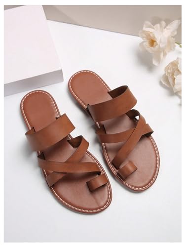 GORGLITTER Women's Cross Strappy Leather Flats Sandal Cute Dressy Toe Ring Open Toe Slip on Slide Sandals2