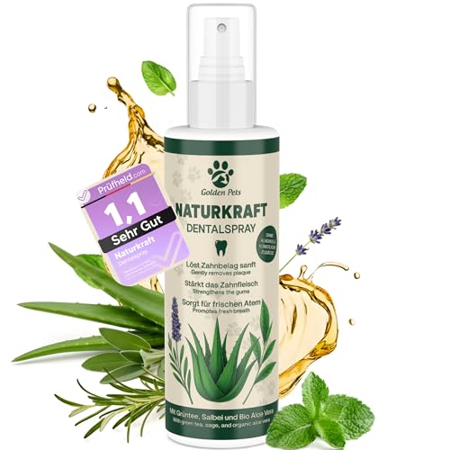 TESTNOTE SEHR GUT Dentalspray für Hunde & Katzen Mit BIO Aloe Vera, natürlichen Kräutern & Minze – Zahnspray Gegen Mundgeruch & Zahnstein Zahnfleischpflege 200 ml Golden Pets
