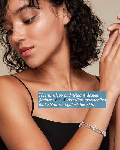 6-Stones Moissanite Link Bracelet, 6.5mm D Color VVS1 Moissanites 925 Sterling Silver Paperclip Link Bracelet, 6.1" + 2" Adjustable Chain for Women Birthday Gifts - Gold3