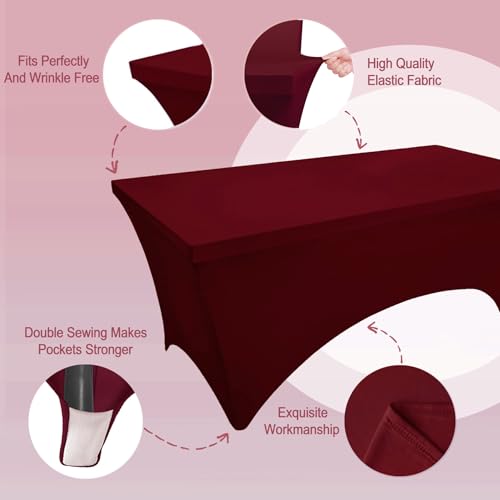 Image of FOLINS&HOME 2 Pack Burgundy 6ft Fitted Spandex Water Resistant Tablecloth | Washable Elastic Rectangle Table Cover for 6 Foot Folding Tables, Stretch Table Cloth for Weddings, Banquets, Parties (2 Pcs)