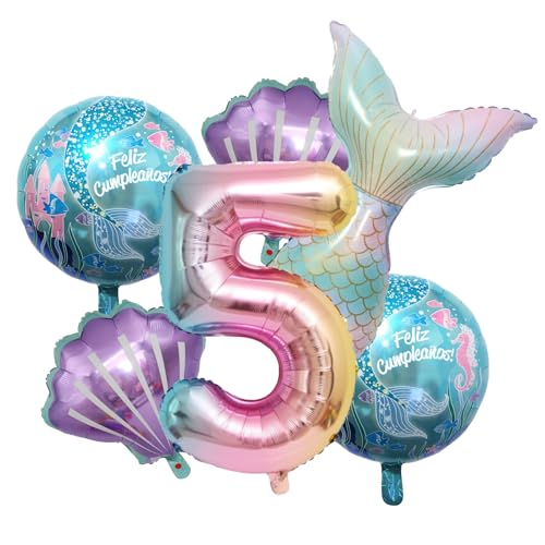 LUYIEDHA Globo Cola de pez, Juego de 6 globos de aluminio con diseño de cola de pez y de caracolas,Decoración Cumpleaños 5 Años, Cola de Pescado para Cumpleaños (Multicolor A)