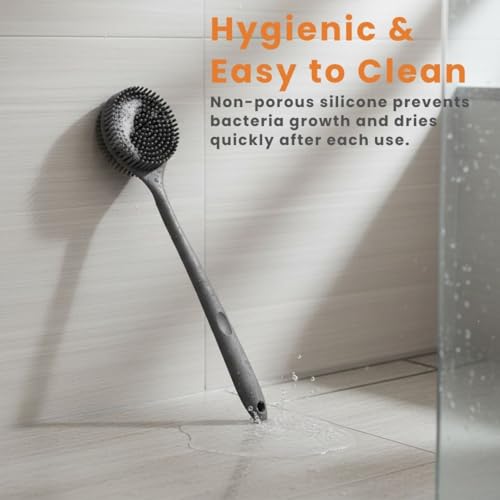 Image of ANTIL'S Soft Silicone Back Scrubber with Long Handle for Shower & Bath | Flexible Exfoliating Brush with Gentle Bristles for Smooth Skin | Body Scrubber for Men, Women & Boys | Ideal for Body Wash & Bathing (BLACK)