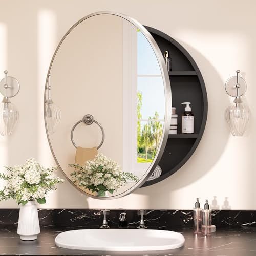 Image of TETOTE 24 x 24 Inch Medicine Cabinet Mirror Brushed Nickel Framed Round Mirrored Medicine Cabinets for Bathroom Adjustable Shelves Modern Bathroom Mirror with Storage Wall Mounted