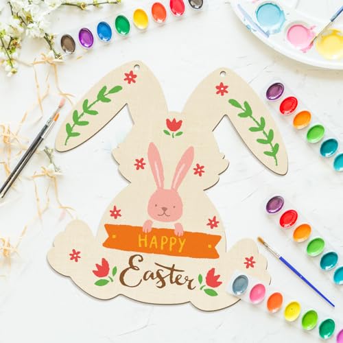 Large Size 12\" Wooden Easter Ornaments to Paint, Wooden DIY Blank Unfinished Round Wood Discs Ornament Happy Easter Bunny Door Sign Easter Door Hanging Sign Plaque Crafts Hanging Decorations 3PCS