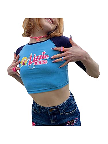 Women Y2K Half Sleeve Raglan Crop Tops Summer Crew Neck Bodycon Cartoon Letter Print T-Shirts E Girl Streetwear (Blue, Medium) Cover