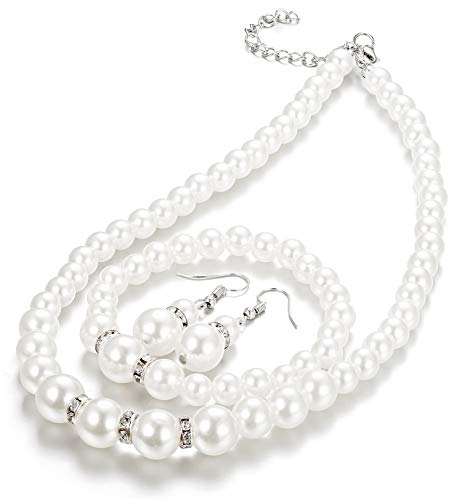 Finrezio Faux Pearl Choker Necklace Dangle Earrings Bracelet Crystal Jewelry Set for Women Wedding Jewelry Sets Bridesmaids Gifts