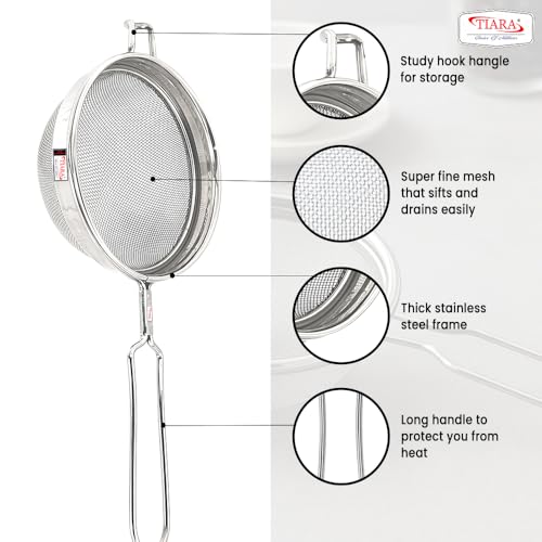 Image of TIARA - MAX Juice Strainer No 6 Diameter 14.5 cm Soup Strainer Steel Liquid Filter Food Grade Mesh, Sieve for Kitchen, channi,Rice Strainer, Fruit Strainer (34L x 14.5W x 7H cm, Silver)