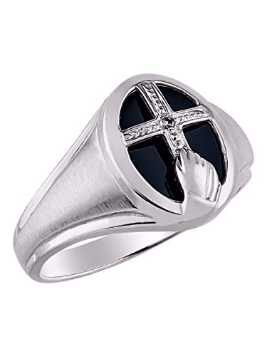 Image of Rylos Unisex Sterling Silver or Yellow Gold Plated Silver Religious Cross Prayer Ring with Diamonds and Black Onyx - Deigner Jewelry in Sizes 8-13