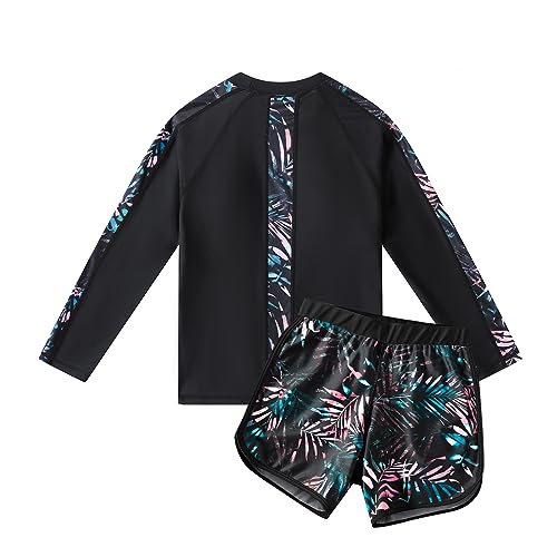 Image of Girls Long Sleeve Swimsuits 2 Pieces Set Rash Guard Swimwear Quick Dry Surfing Wetsuit for Kids Bathing Suit 5-16 Years