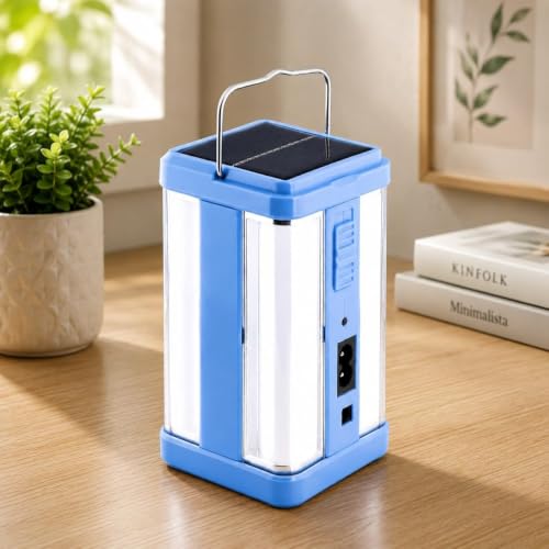 Image of Solar Rechargeable Emergency Light for Home | 4 Side Tube Lantern Lamp with 32 SMD LED, Battery Backup, Floor Light for Indoor & Outdoor Use (Blue)