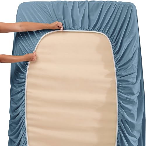 Image of Hearth & Harbor Extra Deep Pocket Queen Sheet Set, Stone Blue | 4 Piece Cooling Bed Sheets Set, Ultra Soft & Breathable, Fits Up to 24 inch Mattress, Wrinkle & Fade Resistant, Hotel Luxury