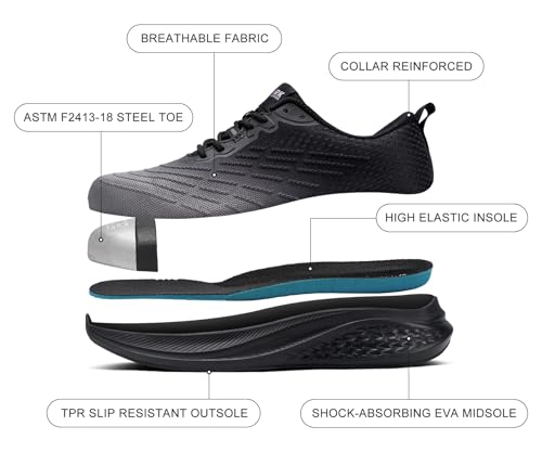 Image of LARNMERN Steel Toe Shoes Men Non Slip Comfortable Lightweight Work Safety Sneakers Cushioning Indestructible Tennis Construction Shoes 51637 (13 Men, Black Gray)