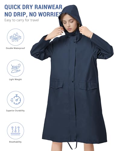 Image of Venzina Raincoat for Women High Waterproof Hooded Rain Jacket Zip-up Rain Coat Knee-length Lightweight Rainwear with Storage Pouch, Stylish A-line Poncho for Camping, Commutes, Travel