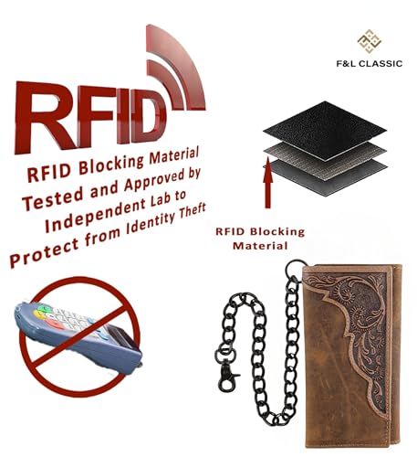 Image of F&L CLASSIC RFID Blocking Mens Tri-fold Long Style Cowhide Leather Steel Chain Wallet,brown western,212-83