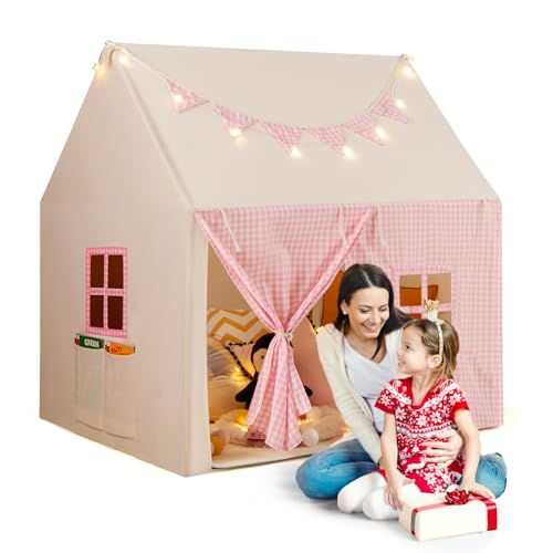 HOMASIS Tienda de Campaña con Tapete Acolchado, Luces de Estrellas y Banderines a Cuadros para Niños, Tienda de Juegos para Interiores y Exteriores, 125 x 100 x 127 cm, 3-8 Años, Rosa