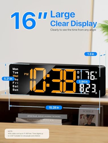 Image of 15-Inch Digital Wall Clock with Large LED Display - Remote Control, Auto-Dimming, Night Light, Date, Day, Temperature, DST Function - Ideal for Living Room, Bedroom (16 Inch Orange)