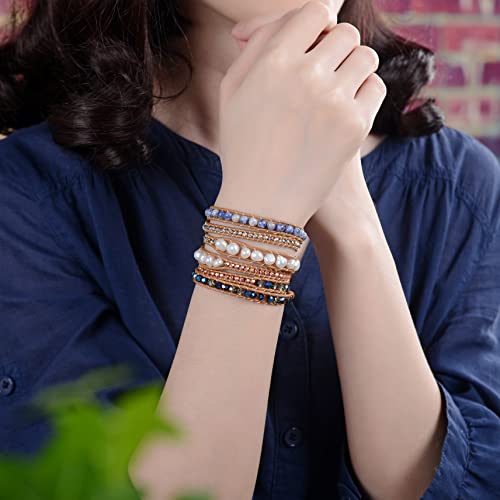 Multi-layer Hand Crafted Cultured Freshwater Pearl Gemstone Beaded on Genuine Leather Boho Style Leather Wrap Bracelet Super Wrap Bracelet 35" Long, up to 5 Wraps.2