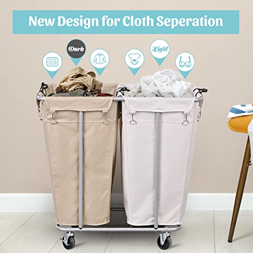 Plkow Laundry Cart With Wheels 280L Large Laundry Sorter 2 Section For Commercial / Home, Rolling Laundry Cart With Steel Frame And Removable Bag, 8 Bushel, 32.3L X 19.7W X 31.5H Inch #TOP1