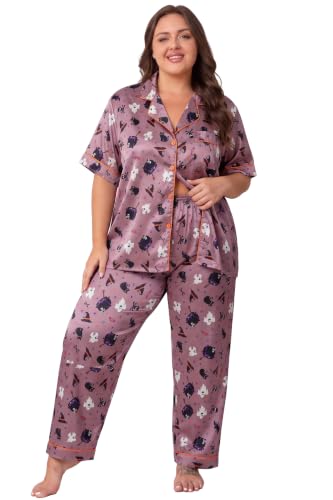 Image of Vozanet Women's Button Down Satin Pajama Sets Silky Short Sleeve Top & Pants Plus Size Loungewear Classic Sleepwear XL to 5XL