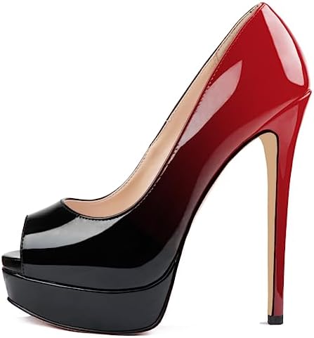 MERUMOTE Women's Aahe Stiletto Heel Platform Peep Toe Red-Black Patent Leather Dress Pumps - 7.5 B(M) US
