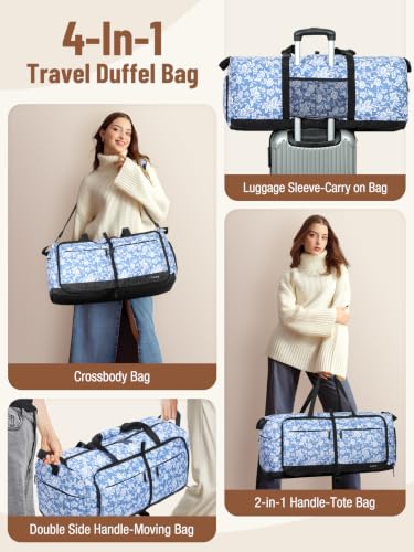 Image of Lekesky Foldable Travel Duffle Bag for Women, Large Duffel Bag with Separate Shoes Compartments & Straps, Carry On Weekend Bag for Women (Blue Floral Print, 80L)